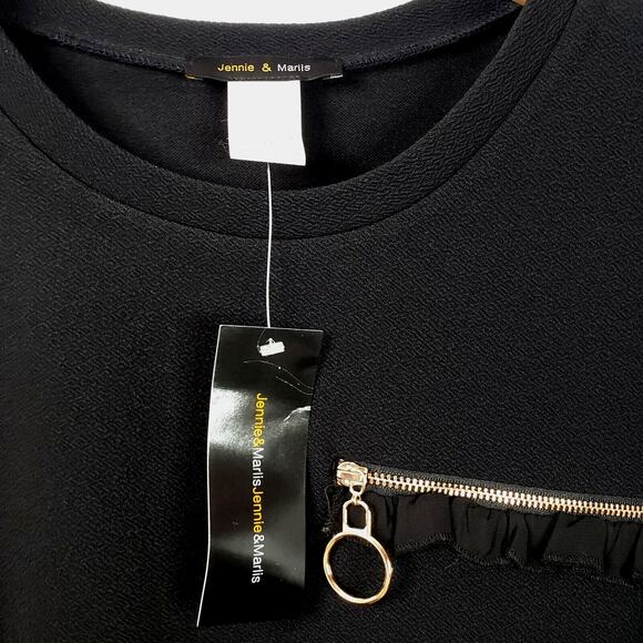 Women Jennie Marlis Black Top Blouse M Zip Ruffle Boxy Career Going Out NEW - Picture 2 of 9